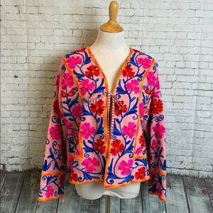 Suzani Coat Boho Embroidered Cotton Kimono Short Suzani Jacket For Women Size XL